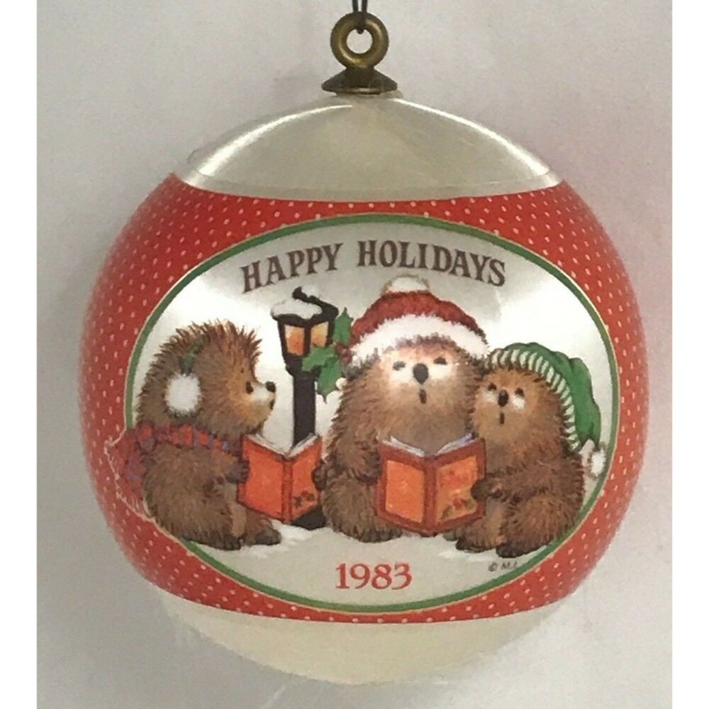 1983 hedgehog Christmas ornament satin bulb plastic wrapped Alderbook ornament